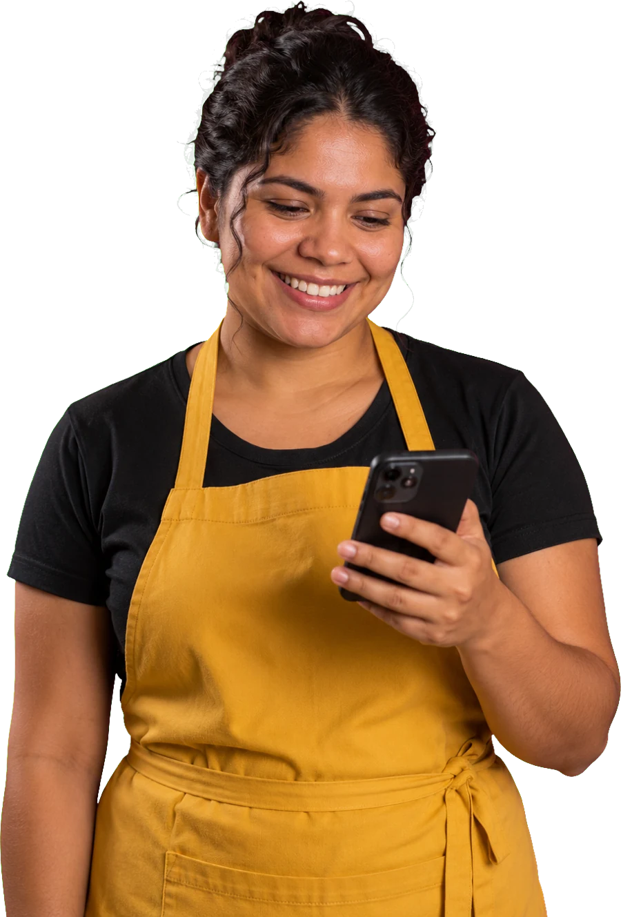 Dona de comércio recebendo pedidos pelo celular